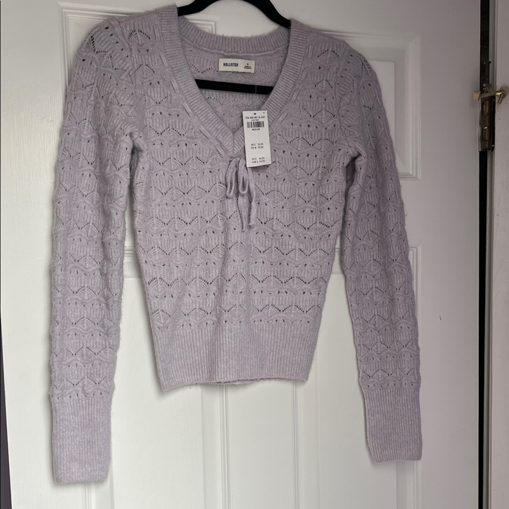 Hollister Light Lavender Open-Knit V-Neck Tie-Front Sweater